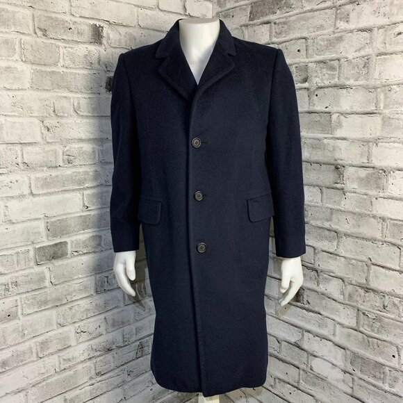 Aquascutum London Vintage 90s Cashmere Wool Overcoat Medium Navy Trench Coat - Picture 1 of 16